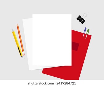 White letters with a red folder. Template with stationery for your design. Vector illustration.