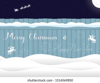 White letters written on the fence Merry Christmas and Happy New Year, deer and snowflake decoration. Greeting card, invitation, on background starry night sky with moon. Vector xmas cool illustration