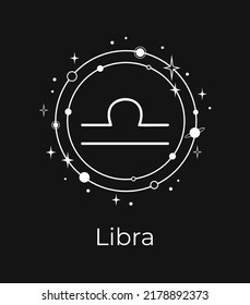 White Libra sign with planets and stars on a black background