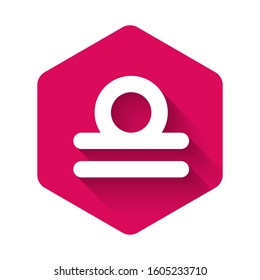 White Libra zodiac sign icon isolated with long shadow. Astrological horoscope collection. Pink hexagon button. Vector Illustration
