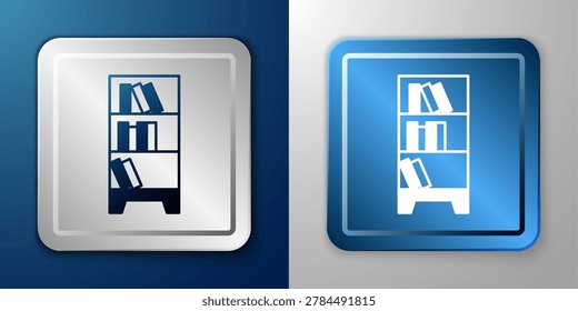 White Library bookshelf icon isolated on blue and grey background. Silver and blue square button. Vector