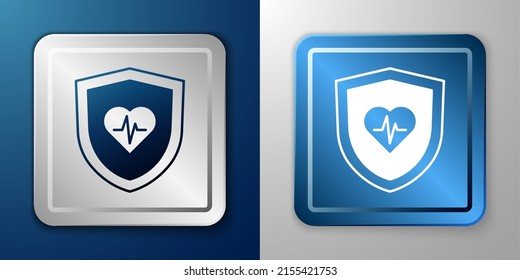 White Life insurance with shield icon isolated on blue and grey background. Security, safety, protection, protect concept. Silver and blue square button. Vector