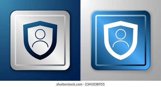 White Life insurance with shield icon isolated on blue and grey background. Security, safety, protection, protect concept. Silver and blue square button. Vector