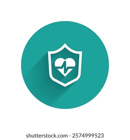 White Life insurance with shield icon isolated with long shadow. Security, safety, protection, protect concept. Green circle button. Vector