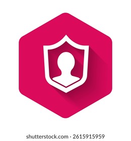 White Life insurance with shield icon isolated with long shadow. Security, safety, protection, protect concept. Pink hexagon button. Vector