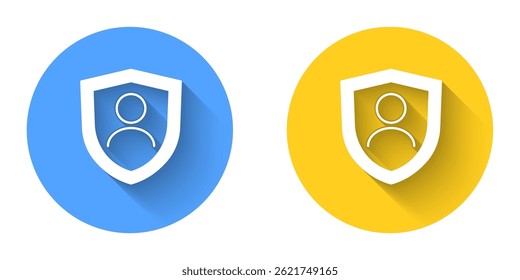 White Life insurance with shield icon isolated with long shadow background. Security, safety, protection, protect concept. Circle button. Vector