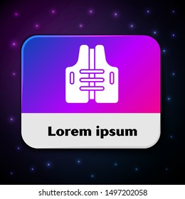 White Life jacket icon isolated on black background. Life vest icon. Extreme sport. Sport equipment. Rectangle color button. Vector Illustration