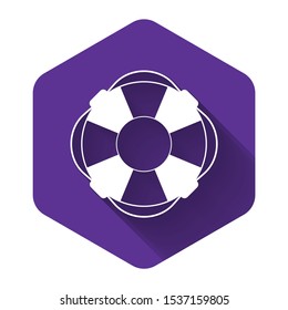 White Lifebuoy icon isolated with long shadow. Lifebelt symbol. Purple hexagon button. Vector Illustration