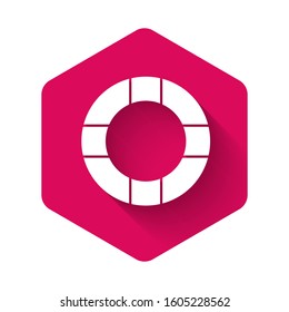 White Lifebuoy icon isolated with long shadow. Lifebelt symbol. Pink hexagon button. Vector Illustration