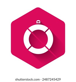 White Lifebuoy icon isolated with long shadow. Lifebelt symbol. Pink hexagon button. Vector