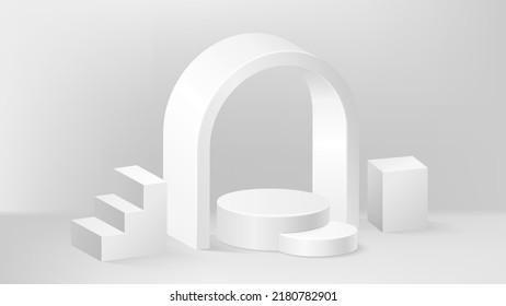 White light 3d background product display podium scene geometric platform, staircase step, arch. Stand to show cosmetic product. Realistic paper stage showcase on pedestal display monochrome backdrop.