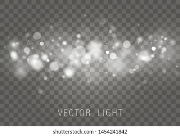 White  Light abstract glowing bokeh lights effect isolated on transparent background. Festive purple and golden luminous background. Christmas concept. Blurred light . Vector 