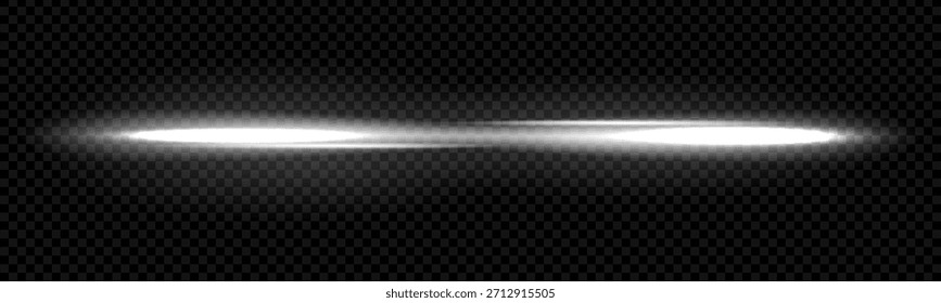 Feixes de luz branca e linhas a laser com brilho de néon para fundo escuro. Listras de velocidade em preto e clarões brilhantes criam esse elemento de design futurista. Sobreposição de png com brilho de espaço com trilha horizontal.