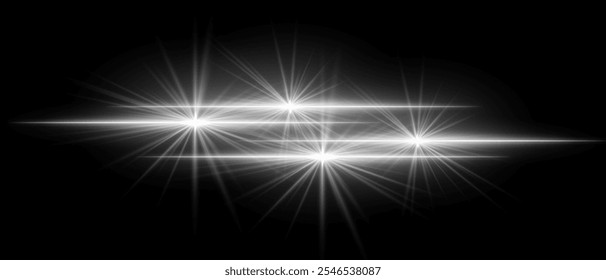 White light beams with star-like bursts and radiant glow. Horizontal streaks create intense illumination and contrasting colors on a dark background