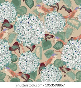 White, light blue Hortensia with green leaves and bird on beige background. Seamless vector pattern. Design for fabric, wallpaper, wrapping paper, scrapbooking, invitation cards.