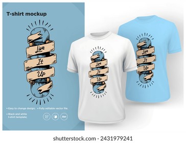 White and Light Blue men's t-shirt realistic mockup. Vector illustration