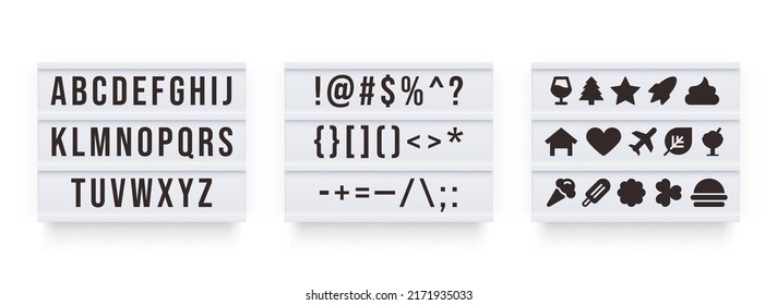 White light boxes with full set of letters and symbols. Scalable vector illustration.