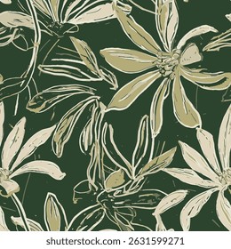  white and light brown floral motifs in the pattern, in harmony with the dark green background, create a serene and sophisticated atmosphere
