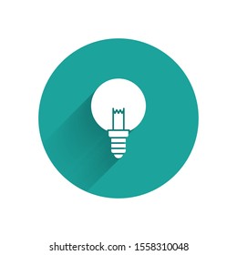White Light bulb with concept of idea icon isolated with long shadow. Energy and idea symbol. Inspiration concept. Green circle button. Vector Illustration