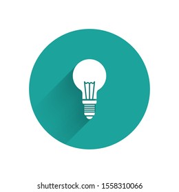 White Light bulb with concept of idea icon isolated with long shadow. Energy and idea symbol. Inspiration concept. Green circle button. Vector Illustration