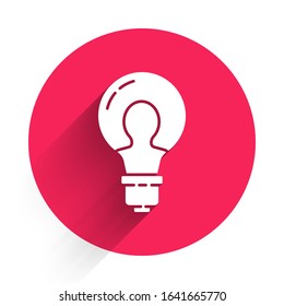 White Light bulb with concept of idea icon isolated with long shadow. Energy and idea symbol. Inspiration concept. Red circle button. Vector Illustration
