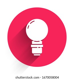 White Light bulb with concept of idea icon isolated with long shadow. Energy and idea symbol. Inspiration concept. Red circle button. Vector Illustration