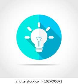 White light bulb in flat design with long shadow. Vector illustration. Simple light bulb icon on blue round button.
