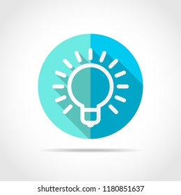 White light bulb in flat design with long shadow. Vector illustration. Simple light bulb icon on blue round button.