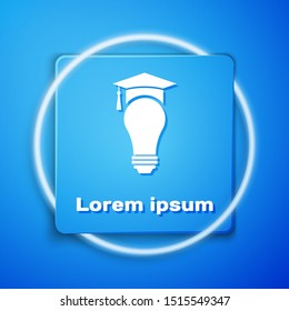 White Light bulb and graduation cap icon isolated on blue background. University Education concept. Blue square button. Vector Illustration