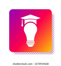 White Light bulb and graduation cap icon isolated on white background. University Education concept. Square color button. Vector Illustration