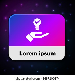 White Light bulb in hand icon isolated on black background. Concept of idea. Rectangle color button. Vector Illustration
