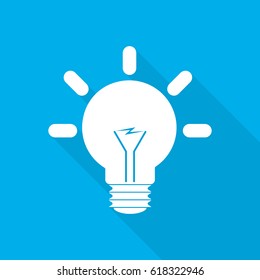 White light bulb icon in flat design. Vector illustration. Symbol of light bulb with long shadow on blue background.