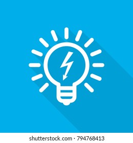 White light bulb icon in flat design. Vector illustration. Symbol of light bulb with long shadow on blue background.