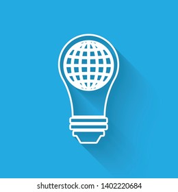 White Light bulb with inside world globe line icon isolated with long shadow. Planet Earth on the lamp. Global ecology concept. Vector Illustration