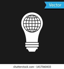 White Light bulb with inside world globe icon isolated on black background. Planet Earth on the lamp. Global ecology concept. Vector Illustration