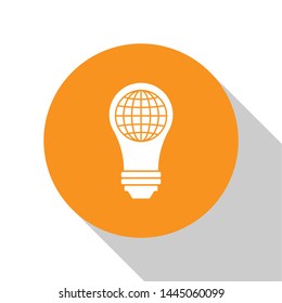 White Light bulb with inside world globe icon isolated on white background. Planet Earth on the lamp. Global ecology concept. Orange circle button. Vector Illustration