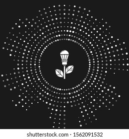 White Light bulb with leaf icon isolated on grey background. Eco energy concept. Alternative energy concept. Abstract circle random dots. Vector Illustration