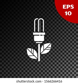 White Light bulb with leaf icon isolated on transparent dark background. Eco energy concept. Alternative energy concept.  Vector Illustration