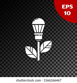 White Light bulb with leaf icon isolated on transparent dark background. Eco energy concept. Alternative energy concept.  Vector Illustration