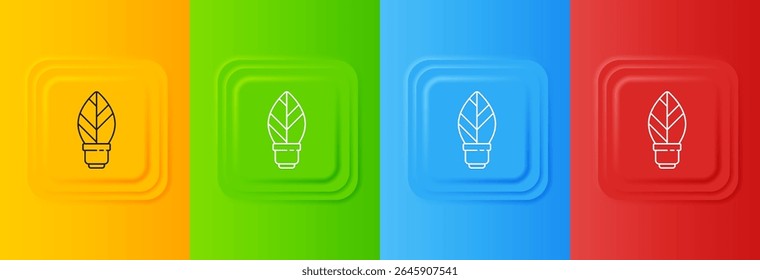 Lâmpada branca com ícone de folha isolado no fundo colorido. Conceito de energia ecológica. Conceito de energia alternativa. Defina ícones em botões quadrados. Vetor