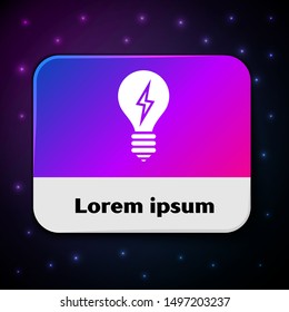 White Light bulb with lightning symbol icon isolated on black background. Light lamp sign. Idea symbol. Rectangle color button. Vector Illustration