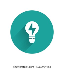 White Light bulb with lightning symbol icon isolated with long shadow. Light lamp sign. Idea symbol. Green circle button. Vector