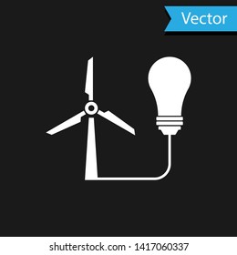 White Light bulb with wind turbine as idea of eco friendly source of energy icon isolated on black background. Alternative energy concept. Vector Illustration