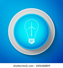 White Light bulb with a wind turbines as idea of eco-friendly source of energy icon isolated on blue background. Circle blue button with white line. Vector Illustration