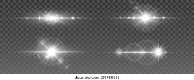 White light burst collection, glowing lens flare set, transparent sparkling effects, bright star reflections, horizontal shine beams, realistic glare overlay, abstract illumination elements.