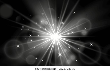 La luz blanca estalló con rayos brillantes y destellos brillantes, explosión de energía y magia de Vector transparente para Navidades, año Nuevo o fondos de diseño festivo de vacaciones