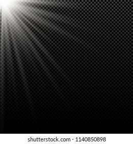 White light effect on dark background. Bright rays. Magic explosion. Sunlight effect. Vector illustration. EPS 10