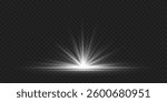 White light effect with radiant star and horizontal rays isolated on dark transparent background. Bright shining flash. Vector illustration. EPS 10