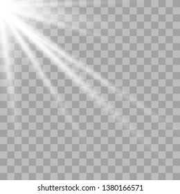 White light effect, sun rays, beams on transparent background. Vector illustration eps10.