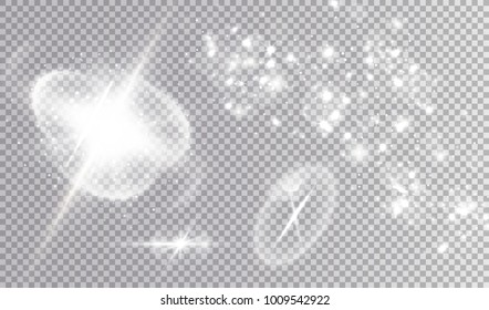 White light effects design set. Supernova explosion, horizontal beam, star and sparkling trail.